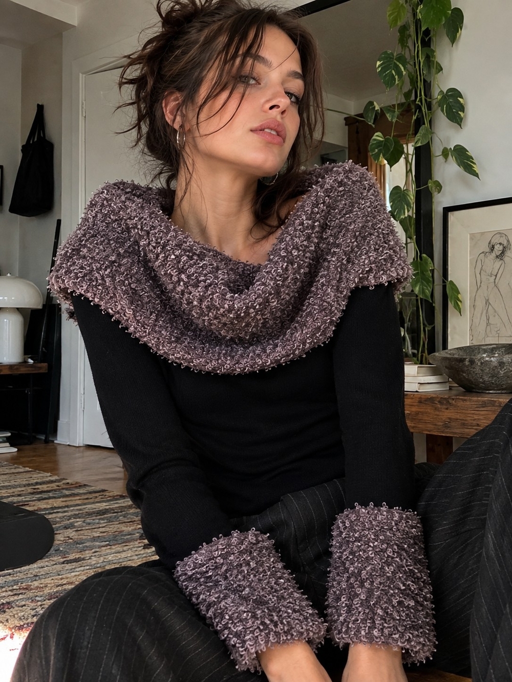 Black & Grey/ Mauve Fuzzy Cowl Neck Sweater Top – Size M